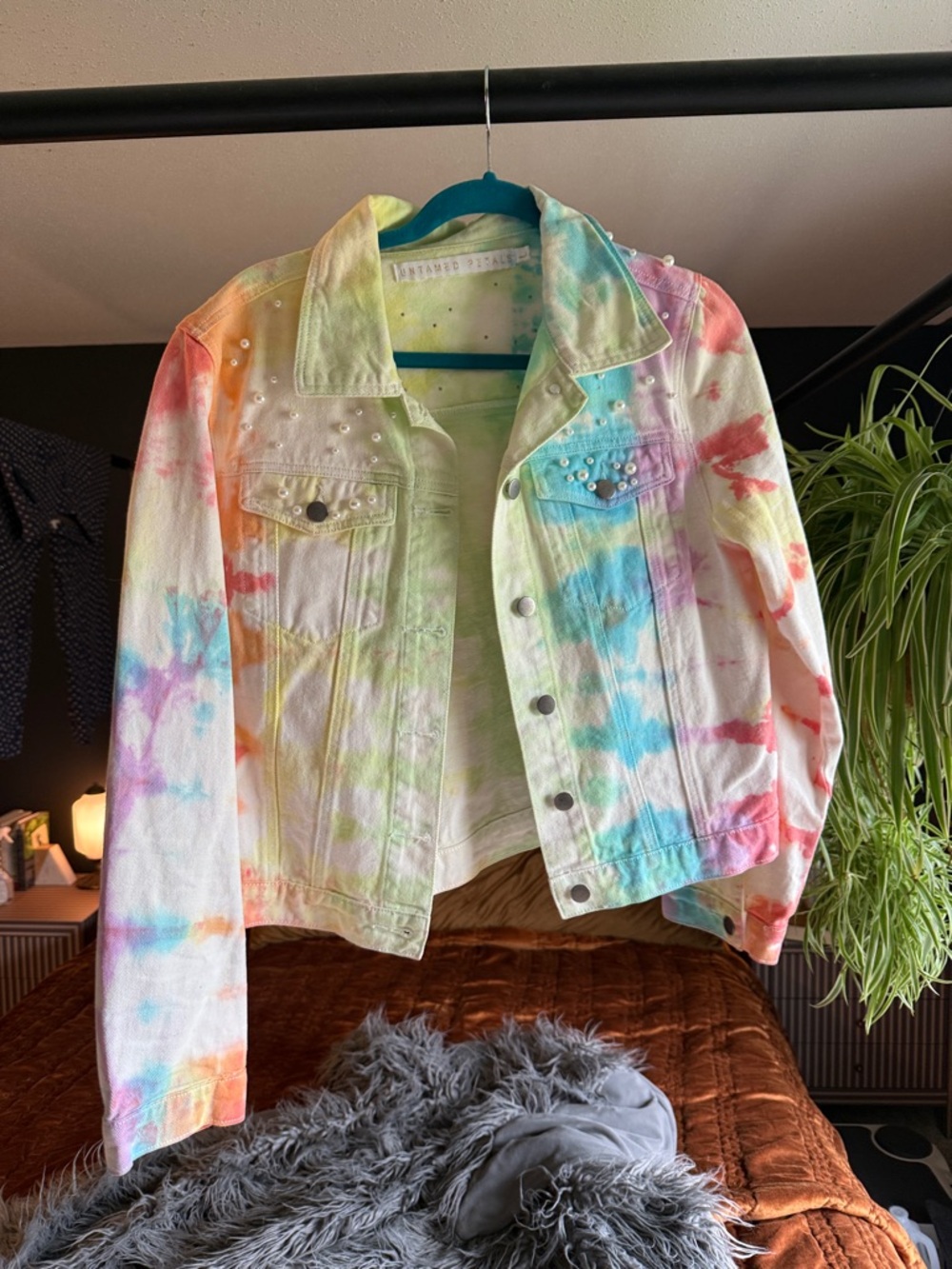 UNTAMED PETALS BY AMANDA JUDGE Rainbow Tie-Dye Pearl-Embellished Jean Jacket